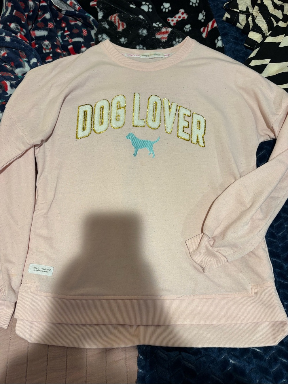 Simply Southern Pink Sweatshirt with Blue Dog and Gold Lettering